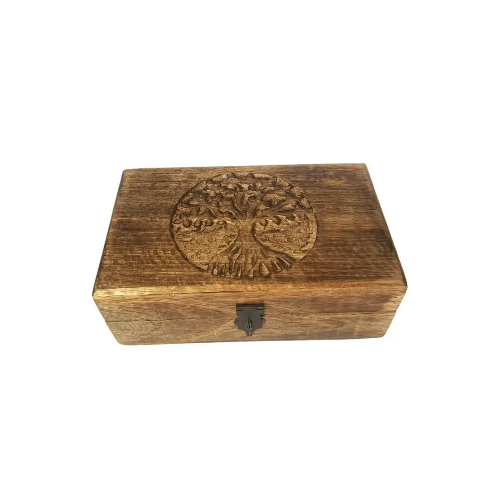 Rustic Tree of Life Carved Wooden Box with Clasp and Hinges